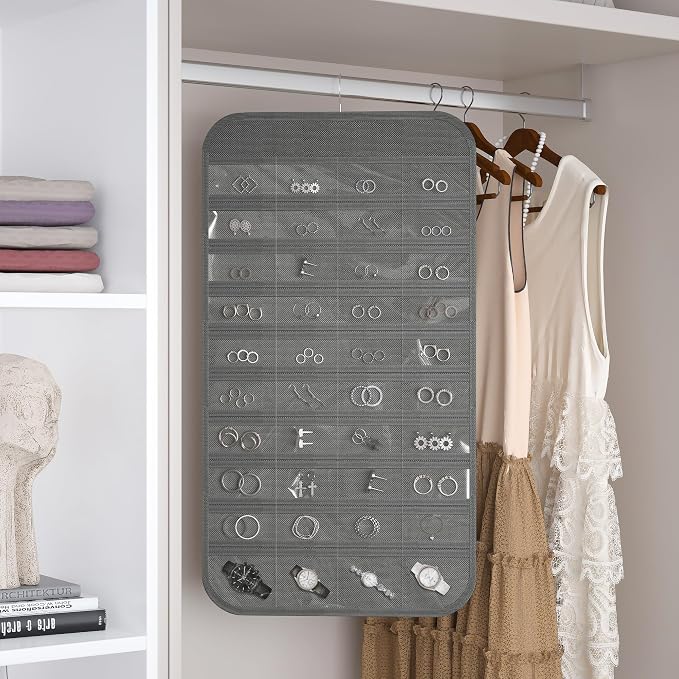 Hanging Jewelry Organizer 80-Pocket Double-Sided Storage, 2-Pack, Gray | Foldable clear PVC 80-pocket storage; swivel hook fits walls, doors & rods to organize earrings, necklaces, bracelets & rings