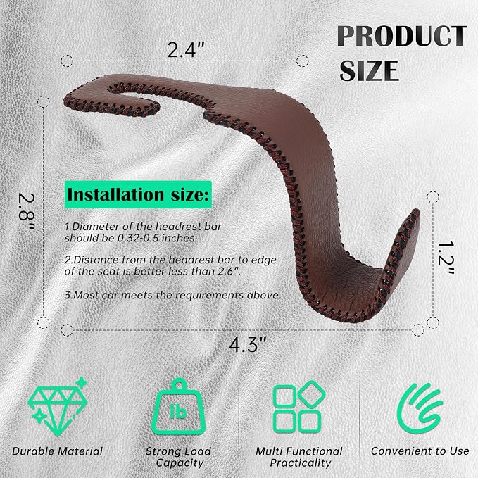 Amooca Car Seat Headrest Hook Universal Vehicle Storage Hanger Leather with Metal Car Seat Back Organizer for Handbag Purse Coat Brown 4 Pack