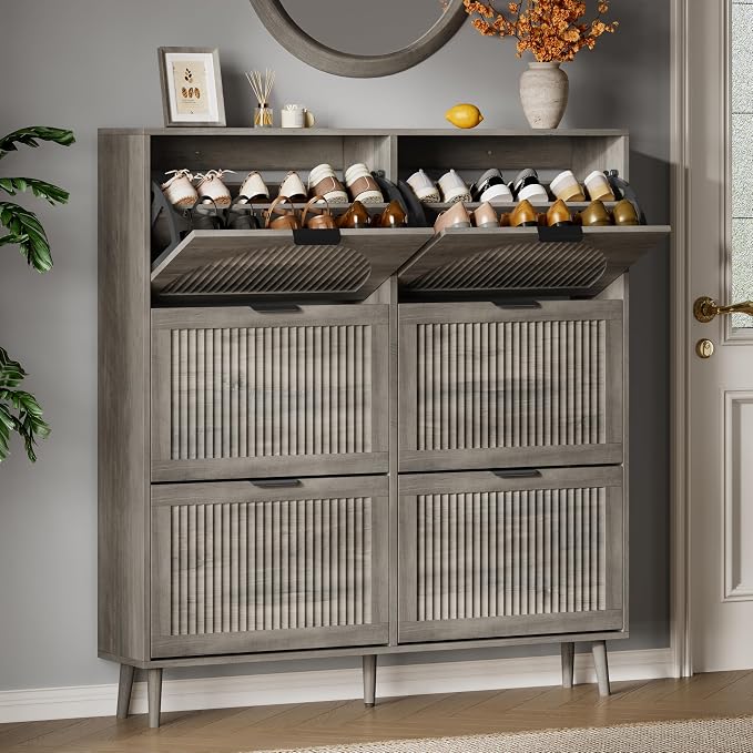 Xixini Shoe Storage Cabinet with 6 Flip Drawers, 50" Tall Narrow Wood Fluted Shoe Organizer for Entryway, Freestanding Wooden Hidden Slim Shoe Rack for Front Door Entrance, Hallway, Foyer, Light Grey