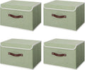 ANMINY 4PCS Storage Bin with Lid Storage Boxes with PU Leather Handles PP Plastic Board Decorative Foldable Lidded Cotton Linen Fabric Home Cubes Baskets Closet Organizer Container - Green, Medium