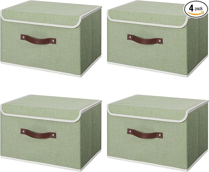 ANMINY 4PCS Storage Bins with Lid PU Leather Handles Storage Boxes PP Plastic Board Decorative Foldable Lidded Cotton Linen Fabric Home Cubes Baskets Closet Organizer Containers - Green, Large Size