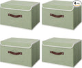ANMINY 4PCS Storage Bins with Lid PU Leather Handles Storage Boxes PP Plastic Board Decorative Foldable Lidded Cotton Linen Fabric Home Cubes Baskets Closet Organizer Containers - Green, Large Size