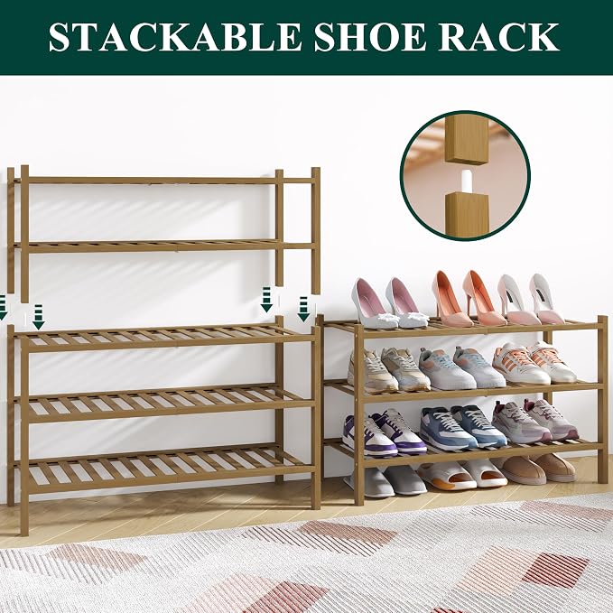 Smiry Bamboo Shoe Rack for Closet, 2 Tier Wooden Shoe Organizer, Stackable Wood Shoe Storage Shelf for Entryway, 14 Vertical Slats, One-piece Heavy-Duty Legs, 26.77"x11.02"x12.99", Walnut
