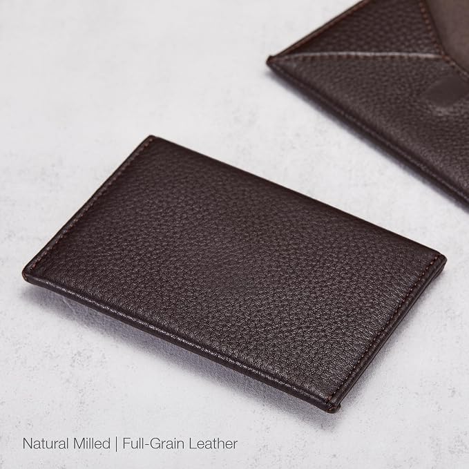 HISCOW Italian Pebbled Leather Business Card Holder, Minimalist Full Grain Envelope Card Case with Hidden Magnetic Closure, 0.19 Inch Slim Front Pocket Wallet for Men and Women, Espresso