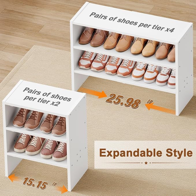 Hoctieon 3-Tier Expandable Shoe Shelf, Adjustable Shoe Shelf Storage Organizer, Stackable Iron Wood Combination Free Standing Shoe Rack for Entryway, Closet, Doorway, White