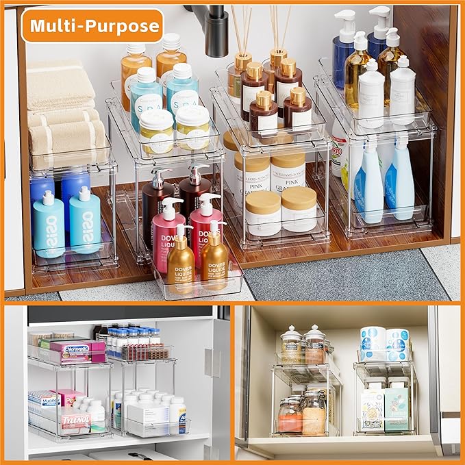Yieach 2 Pack 2 Tier Pull Out Drawers for Medicine Cabinet Organizer,Bathroom Under Cabinet Storage,12.1″ Deep Pantry and Medicine Shelf Organizer for Toiletry Product,Vitamin Bottle and Supplement