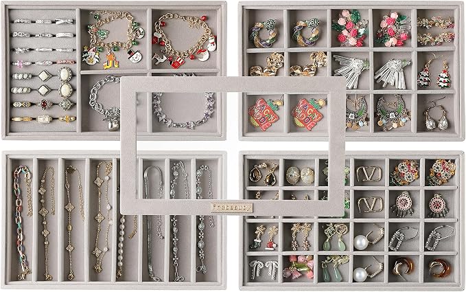 Frebeauty Stackable Jewelry Trays,Set of 4 Jewelry Organizer for Drawer | Glass Lid,Removable Dividers,Real Stackable Design,Velvet Material,Drawer Inserts,Jewelry Box for Earring Rings and Necklace