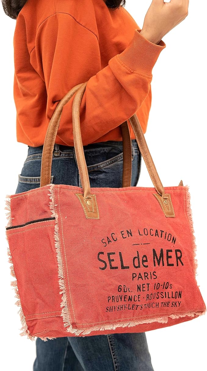 Shy Shy Bags Sel De Mer Canvas & Cowhide Tote Bag - Upcycled Radiant Leather Hand Bag