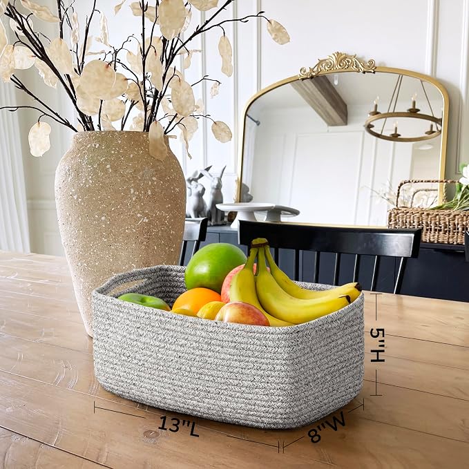 Goodpick Storage Baskets, Storage Bins for Shelves Gift Baskets Empty Small Toy Baskets Baby Rope Basket Woven Basket for Towels for Decor 3 Pack, White & Gray, 13 x 8 x 5 in