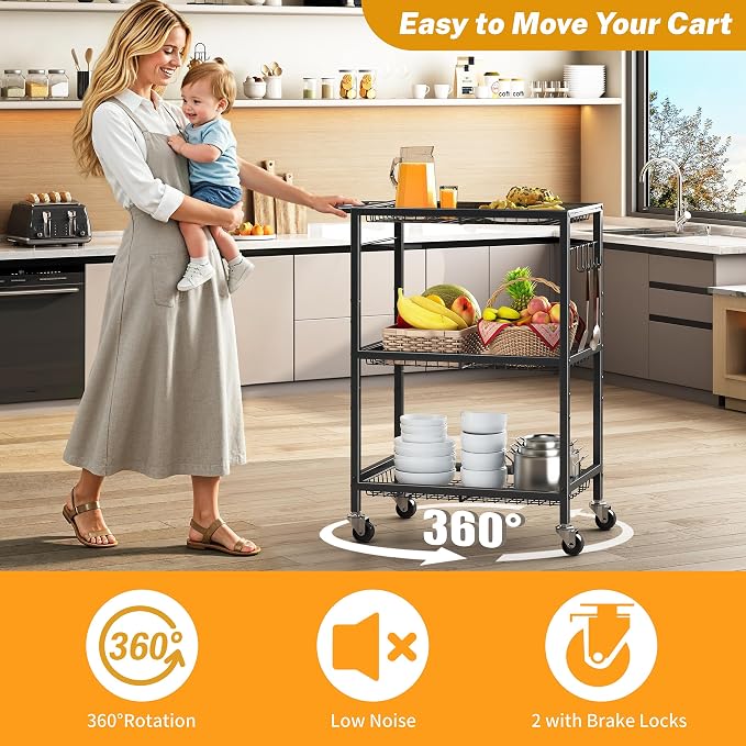 3-Tier Rolling Cart, Space-Saving Kitchen Cart with 150Lbs Capacity, Black Storage Cart with 2 Lockable Wheels for Kitchen Island, Restaurant, Garage, Backyard（No Wooden Boards, Lightweight Version）