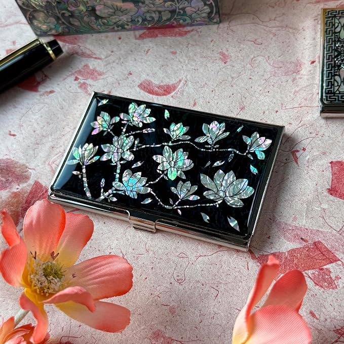 Mother of Pearl Business Card Case Credit Id Name Holder Travel Wallet Art Painting Design Metal Stainless Steel Engraved Slim Purse Pocket Cash Money Wallet (N_Magnolia)