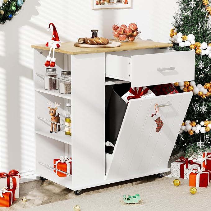 HQZX Rolling Kitchen Island with Trash Can Storage, Portable Kitchen Island on Wheels with Towel Rack & Spice Rack, Tilt Out Trash Can Cabinet with Drawer, Mobile Island Cart (White)