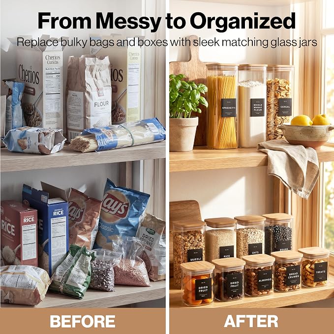 Glass Pantry Storage Jars Containers with Bamboo Lids and Labels - Set of 5 | Extra Thick Square Glass Canisters with Bamboo Wood Lids and 54 Pre-printed Pantry Labels keeps dry Goods Fresh and Organized