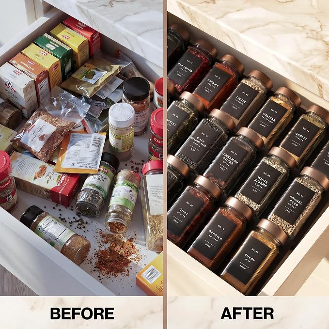 EDELHAUS Glass Spice Jars with Label, 24x Champagne Bronze Steel Lids | Airtight Lids keep spices fresh, Kitchen Spice Drawer Organizer, 4oz Seasoning Containers incl. Funnel, Brush & 240 Labels
