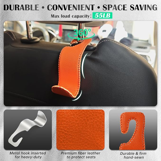 Amooca Car Seat Headrest Hook Universal Vehicle Storage Hanger Leather with Metal Car Seat Back Organizer for Handbag Purse Coat Orange 2 Pack
