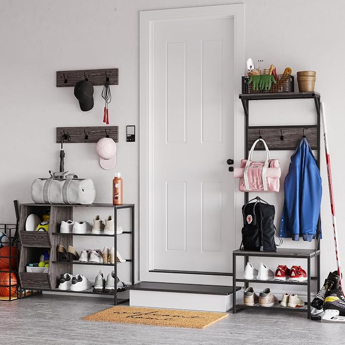 RiverRidge Afton Shoe Storage Organizer, Black Frame + Weathered Woodgrain | Versatile Entrway Shoe Rack with 3 Metal Shelves, and 2 Cubby Bins