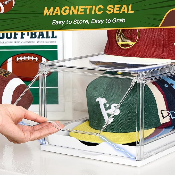 Vtopmart 6 Pack Stackable Baseball Caps Organizer, Each Holds 12 hats | Each Holds 12 hats, with Sliding Drawer Easy access, Stackable, with Magnetic Door, Dust protectio