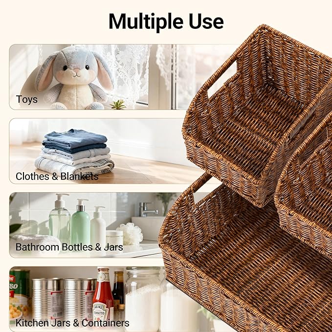 Brownlily Wicker Pantry Storage Baskets with Chalkboard,Handwoven Baskets for Organizing with Built-in Handles, All-Purpose Storage Baskets for Shelves, Laundry Room, Brown - Single Set (3-Piece)