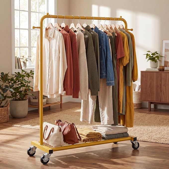 Sywhitta Clothing Rack on wheels, Clothes Rack with Bottom Mesh Storage Shelf,Sturdy Metal Frame,for Hanging Clothes,Coats,Skirts,39.76 "W x 16.06" D x 63.78" H,Gold Yellow