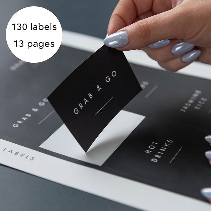 Pantry Labels, 130 Preprinted Vinyl Stickers for Food Containers, Water Resistant, 2 x 3 inches, Minimalist Labels for Organizing, Food Label for Jars, Storage Bins (Black)