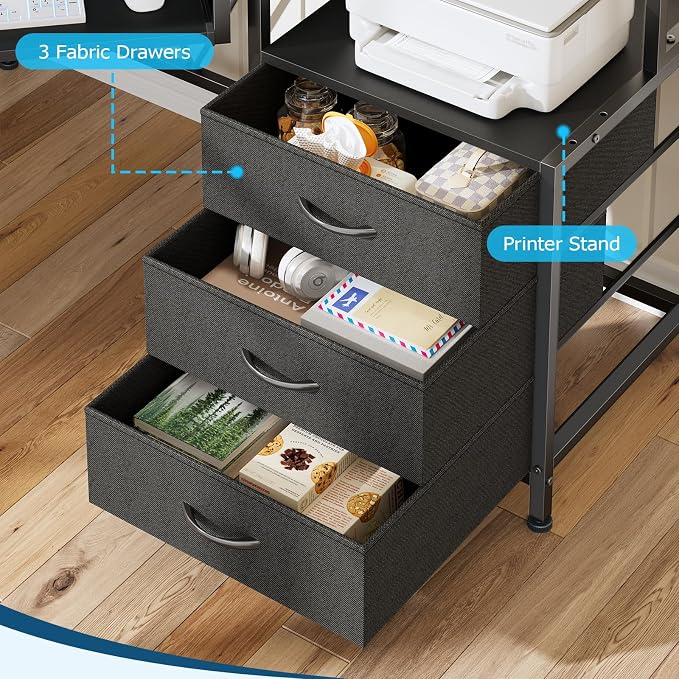 47" Corner Desk with Drawers, Power Outlets ＆ Printer Shelf for Small Space | Small Computer Desk with Monitor Stand, Triangle Gaming Desk with LED Lights and Keyboard Tray, Black