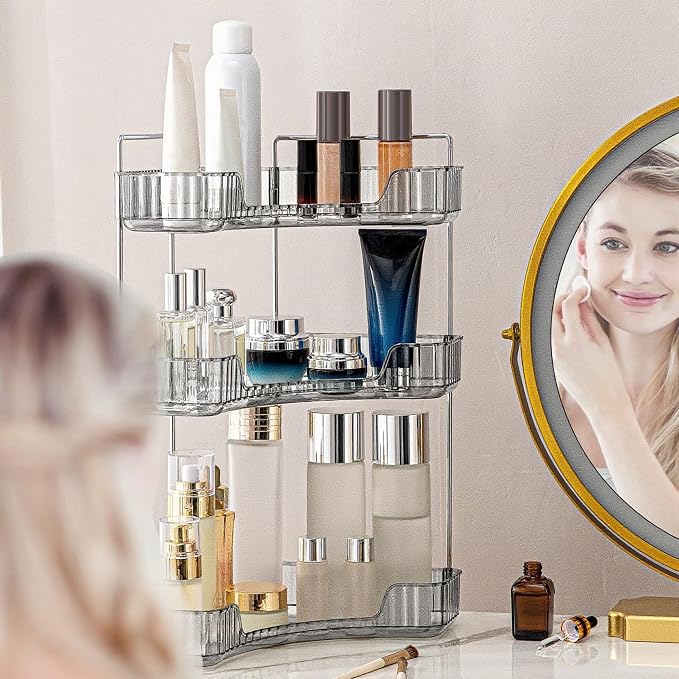 INVSSENE Corner Bathroom Countertop Organizer, Vanity Organizer Trays for Counter, Makeup Organizers, Perfume Tray, Skincare Shelf Storage Gifts for Women Girl Student (Smoky Gray 3 Tiers)
