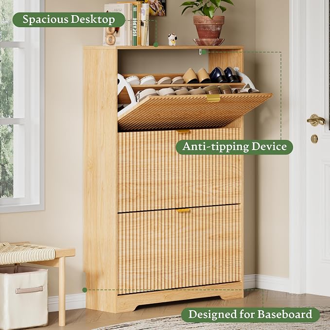 Xixini Shoe Storage Cabinet for Entryway with 3 Flip Drawers, Hidden Slim Wood Shoe Organizer with Modern Fluted Panel, Freestanding Narrow Shoe Rack for Front Door Entrance, Hallway, Foyer, Oak