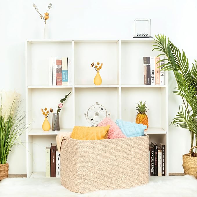 MINTWOOD Design 112L Extra Large Blanket Basket Holder Living Room, 25"x17"x16" Rectangle Rope Woven Storage Basket with Handles for Laundry, Towels, Shoes, Dog Toy Organizer Bin Box, Oatmeal Brown