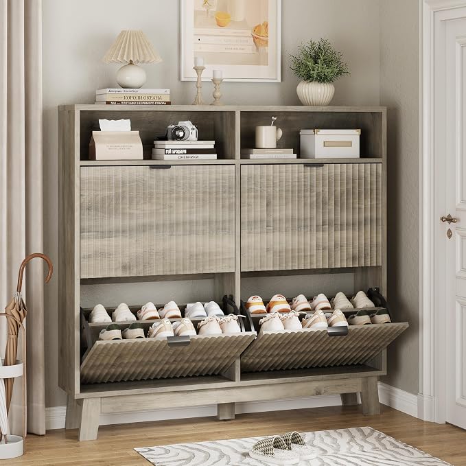 Xixini Shoe Cabinet with 4 Flip Drawers, 46" Tall Narrow Fluted Shoe Storage Organizer for Entryway, Hidden Slim Wooden Shoe Rack Cabinet for Front Door Entrance, Hallway, Living Room, Light Grey