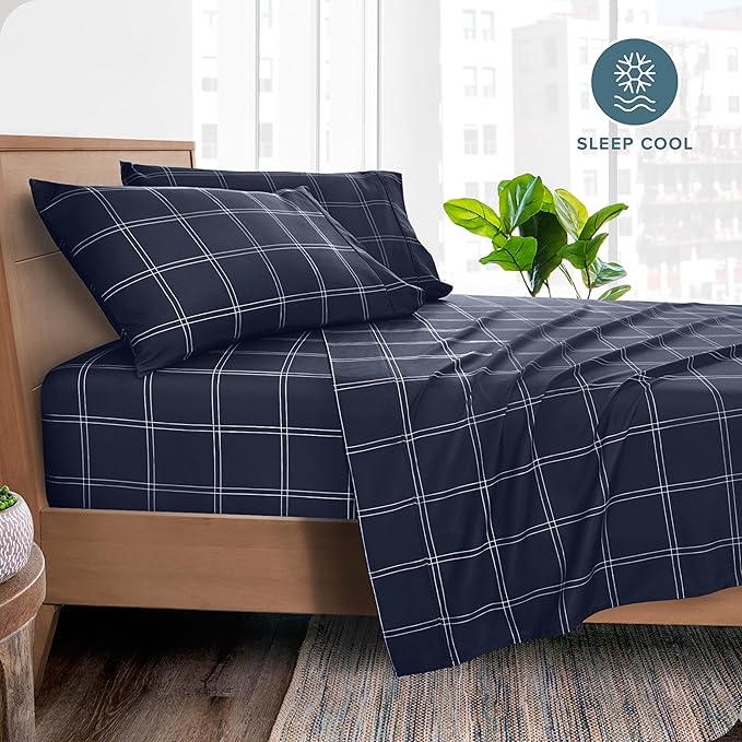 Bare Home California King Sheet Set - Luxury 1800 Ultra- Soft Double Brushed Microfiber - Deep Pockets - Easy Fit - 4 Piece Bedding Sheet Set (Cal King, Modern Plaid - Midnight/White)