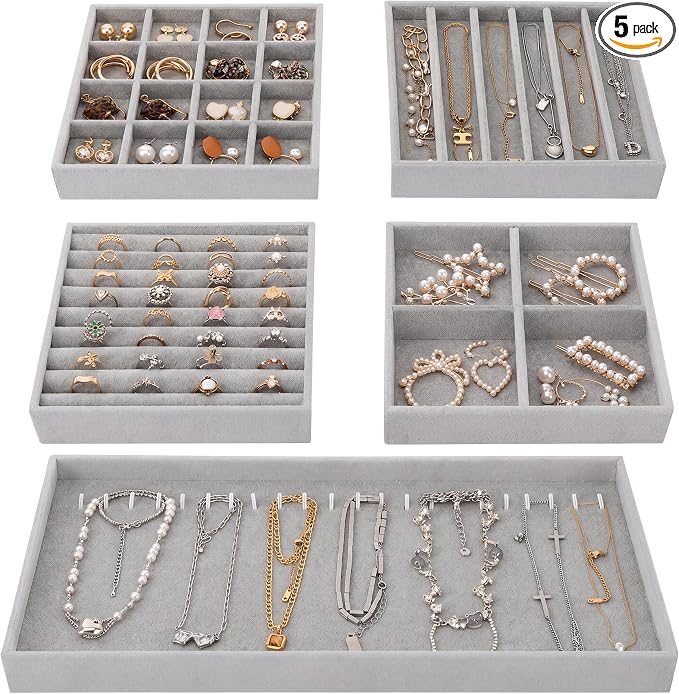 Fixwal Jewelry Organizers and Storage, 14in Stackable Jewelry Drawer Organizer, Set of 5 Jewelry Trays with Removable Dividers, Multi-Layer Tray for Earrings Necklaces Bracelets Watches, Grey