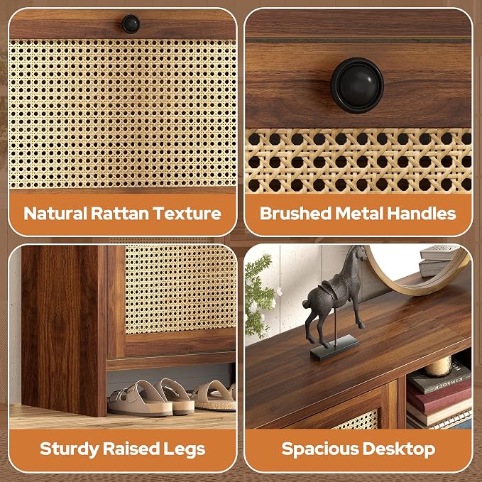 knoworld 63" Wood Rattan Shoe Storage Cabinet for Entryway, Walnut | Slim Hidden Shoe Cabinet, Narrow Shoe Organizer Cabinet with 4 Flip Drawers, 3-Tier Shelves for Hallway Foye Entrance