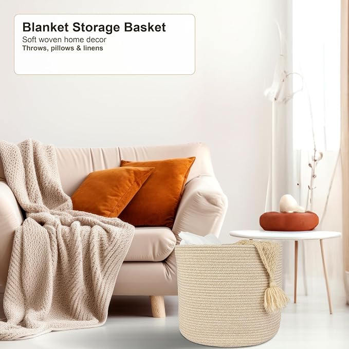 XUANGUO Cotton Rope Woven Basket, 16x14 in Kids Laundry Basket, oatmeal | Round blanket basket and small laundry basket; baby hamper or nursery storage bin for girls, boys, toys, clothes and shoes