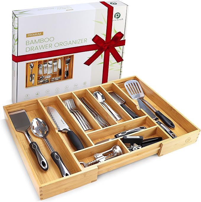Pristine Bamboo Silverware Organizer - Expandable Kitchen Drawer Organizer - Adjustable Kitchen Drawer Organizer for Utensils, Expandable to 22 Inches Wide, 10 Compartments, Silverware Tray for Drawer | Expandable Kitchen Drawer Organizer for Utensils,...