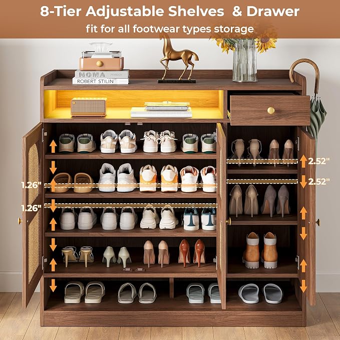 LIKIMIO Rattan Shoe Cabinet with 6-Tier Storage, 3 Doors & LED Light | 30 Pairs Shoe Storage Cabinet with Drawer, Adjustable Shelves, Shoe Rack Organizer for Entryway, Living Room, Walnut