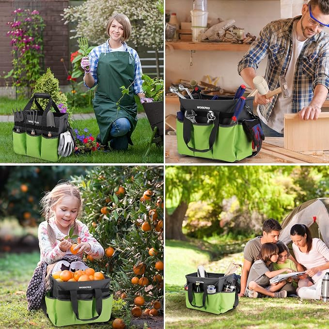 WORKPRO Garden Tool Bag, 10 Pockets and Shoulder Strap, Green | Heavy Duty Gardening Organizer Tote Bag Standable Garden Home Tool Kits Organizer (Tools are not Included)