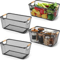 Ziliny 4 Pcs Metal Mesh Wire Baskets with Wooden Handles for Organizing, Pantry Organizers and Storage Steel Bin Kitchen Baskets for Fruit Potato Onion Snacks Bathroom Cabinet(Extra Large,Black)