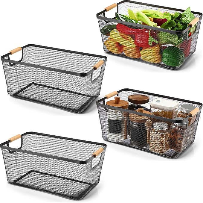 Ziliny 4 Pcs Metal Mesh Wire Baskets with Wooden Handles for Organizing, Pantry Organizers and Storage Steel Bin Kitchen Baskets for Fruit Potato Onion Snacks Bathroom Cabinet(Extra Large,Black)