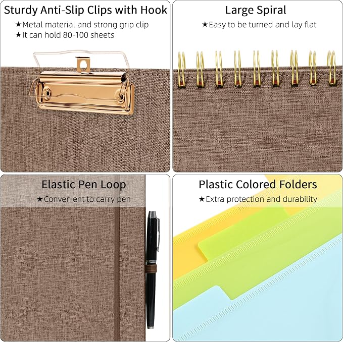 Ospelelf Brown Foldable Spiral Clipboard Folio with Storage Zipper Pouch, 5 Plastic Folders with 10 Pockets, Refillable Lined Notepad (11" x 8.5"), Linen Hardcover Project Organizer