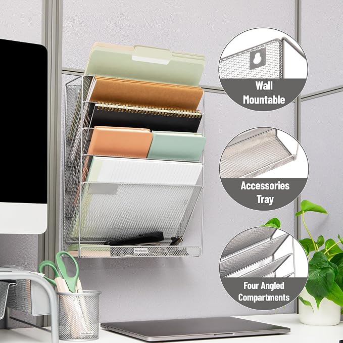 Mind Reader 5-Pocket Vertical File Storage, Desktop Organizer, Wall Mount, Office, Metal Mesh, Silver