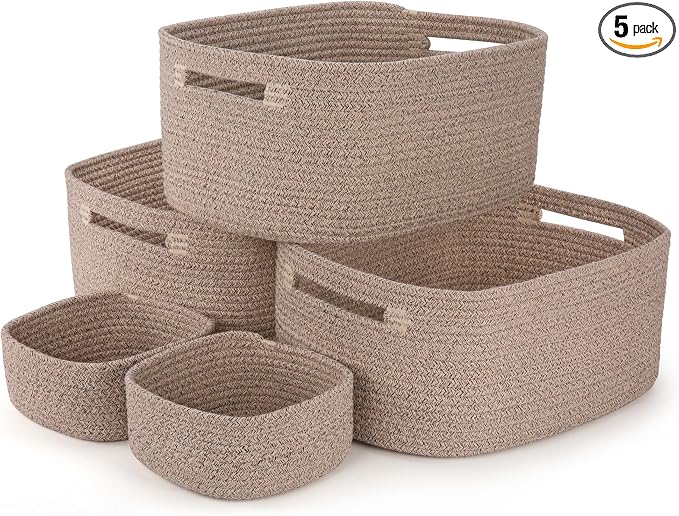 5-Pack Large Woven Rope Storage Baskets, 2 Sizes Organizer Bins | Fabric Cube Boxes and Rectangular Shallow Bins for Closet, Shelf, Bookshelf, Nursery, Changing Table, Bathroom, Toys & Home