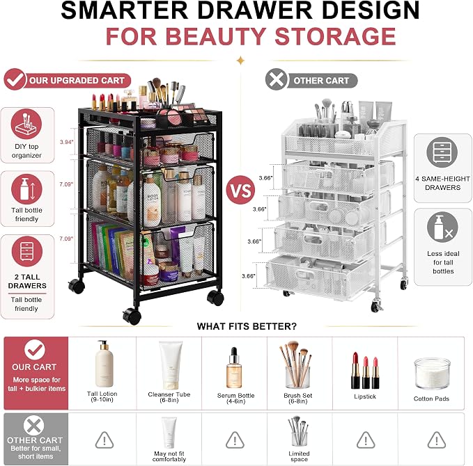 JKsmart Rolling Makeup Cart Organizer with 3 Drawers, Cosmetics Display with Dividers, Floor Skincare Storage with Wheels, Versatile Vanity Organizer for Nail Polish Perfume Brush Hair Tool, Black