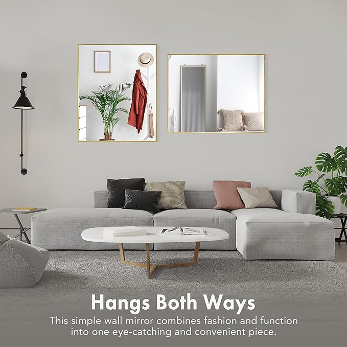 Head West Nordic Gold Stainless Steel Metal Framed Vanity Mirror, Accent Decorative Mirror for Wall Decor, Rectangle Modern Bathroom Mirror for Over Sink, Bedroom, Living Room Entryway Hallway 30"x36"