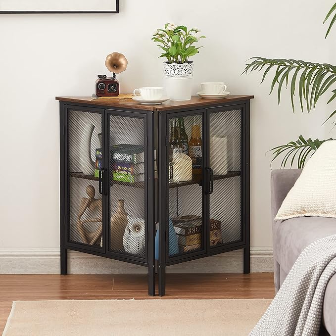 VECELO Corner Cabinet/Table, 3-Tier Display Shelves with Protection Door, Metal Frame Storage Shelf Organizer for Small Space, Living Room, Kitchen, Bathroom