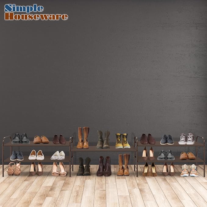 Simple Houseware 2-Tier Shoe Rack Storage Organizer, 12 Pairs, Bronze | Space-Saving Shoe Shelf with Sturdy Metal Frame and Non-Woven Fabric Shelves for Entryway, Garage & Corridor