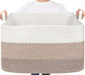 Goodpick Large Woven Blanket Basket 23.6" x 15.7" x 13.8" Cotton Rope Storage Organizer for Dirty Clothes Pillows, Soft Toy Storage Basket for Nursery Home Decor, White & Light Brown