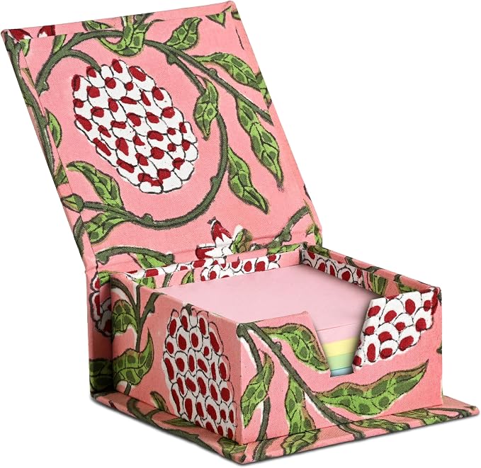 Ridhi Block Print Strawberry Pink Sticky Note Holder Box for Desk, Aesthetic Memo Pad Organizer, Sticky Note Box Decorative Office Accessory, Stationery Gift for Teachers, Students, Professionals