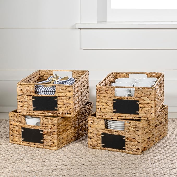 happimess Lane Hyacinth Wicker Pantry Baskets 9"x12"x5", Natural, Set of 4 | Handwoven Decorative Seagrass Containers, Chalkboard Labels, Built-In Handles, Classic Farmhouse Style, Iron Metal Frame
