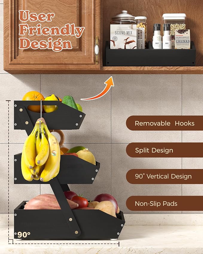 Sevenblue 3-Tier Bamboo Fruit Basket with 2 Banana Holders Black | Large tiered organizer for bread, snacks, veggies. Sturdy bamboo, includes mats & dividers. Easy to assemble.