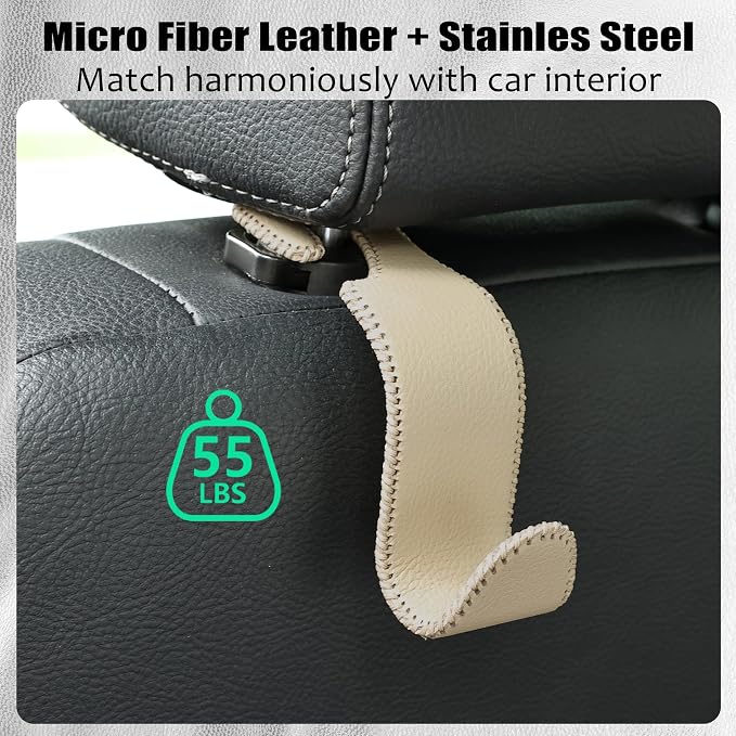 Amooca Car Seat Headrest Hook Universal Vehicle Storage Hanger Leather with Metal Car Seat Back Organizer for Handbag Purse Coat Beige 4 Pack